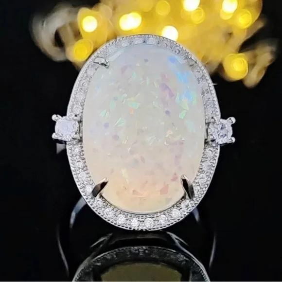 NEW 925 STERLING SILVER OPAL DIAMOND RING - Picture 2 of 5